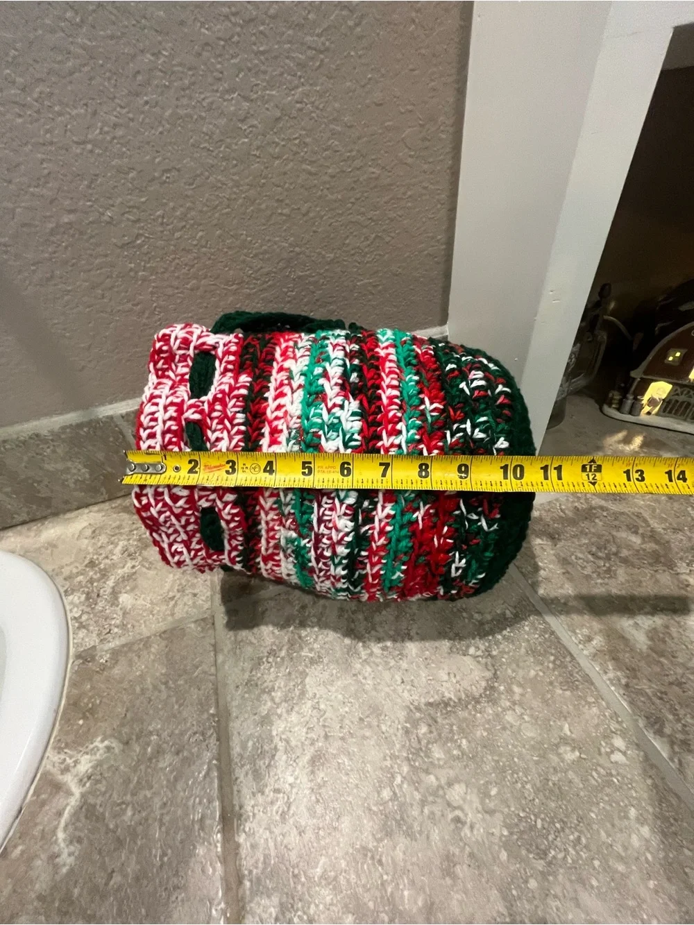 Handmade Red, Green & White Crochet Drawstring Bucket Bag